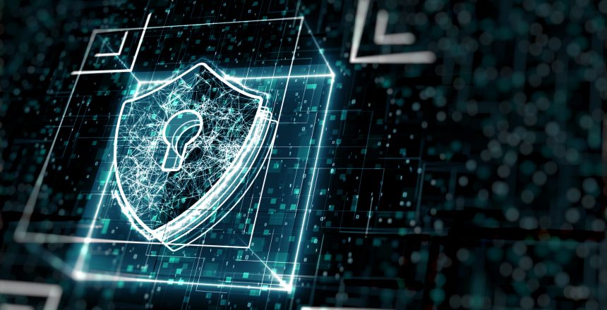 abstract cyber security concept shield with keyhole icon digital data background