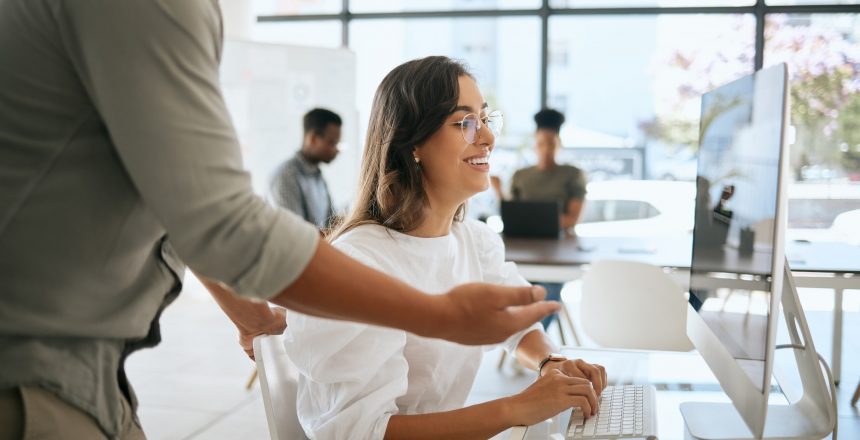 employees working collaboration and strategy on computer software technology and planning in mode